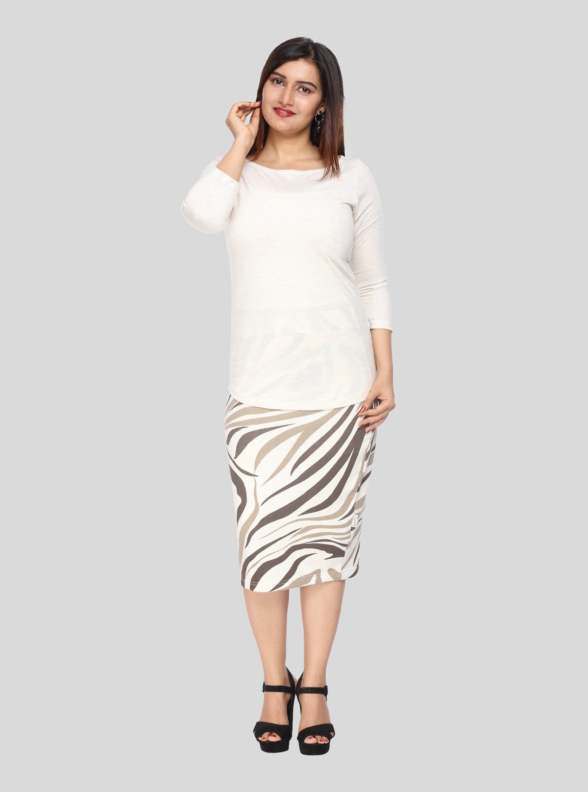 Women's Ecru Melange Scoop Neck Long Sleeve Cotton Jersey Top - Boer and Fitch