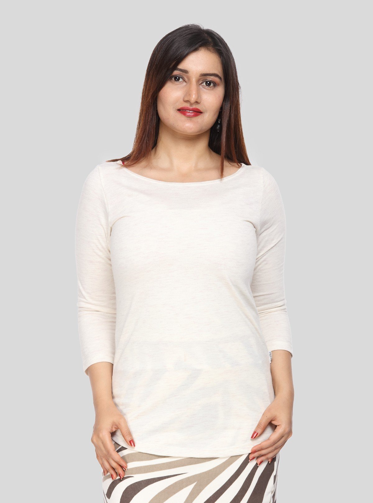 Women's Ecru Melange Scoop Neck Long Sleeve Cotton Jersey Top - Boer and Fitch