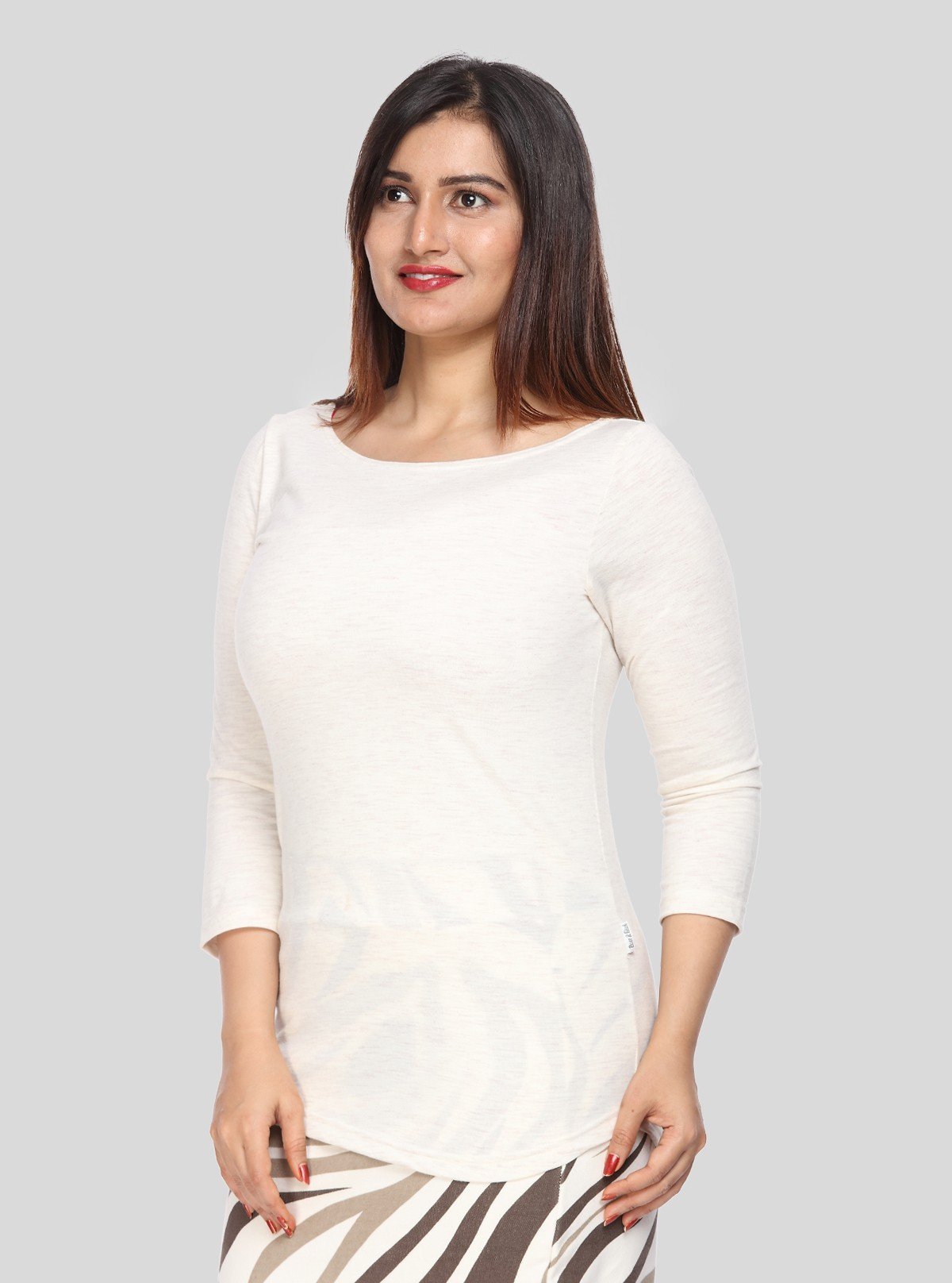 Women's Ecru Melange Scoop Neck Long Sleeve Cotton Jersey Top - Boer and Fitch