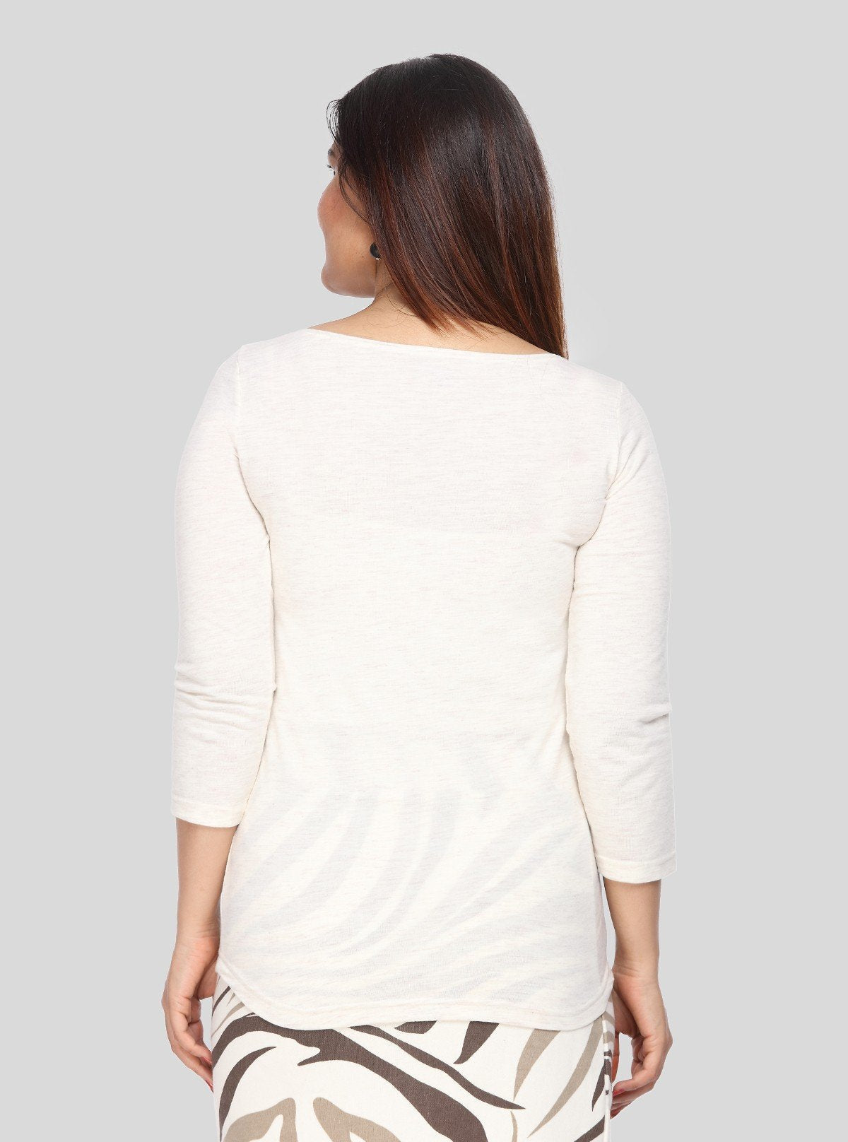 Women's Ecru Melange Scoop Neck Long Sleeve Cotton Jersey Top - Boer and Fitch