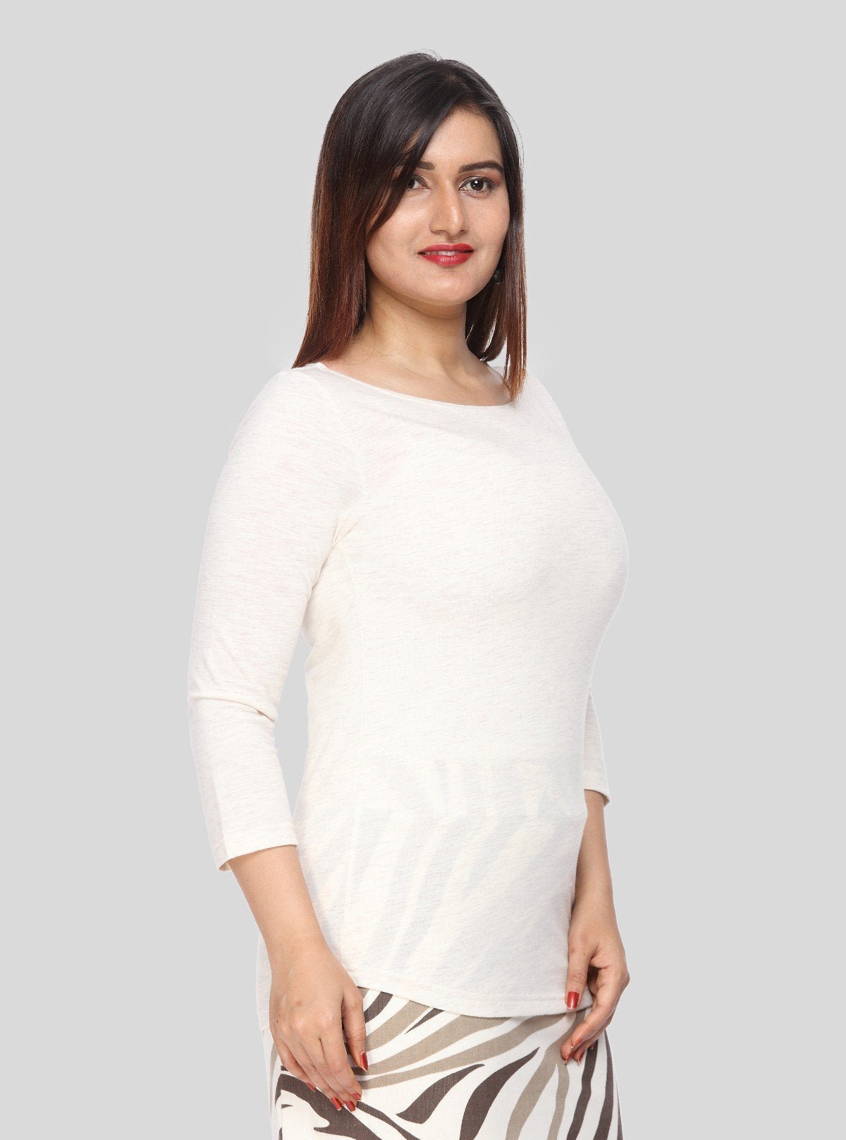 Women's Ecru Melange Scoop Neck Long Sleeve Cotton Jersey Top - Boer and Fitch