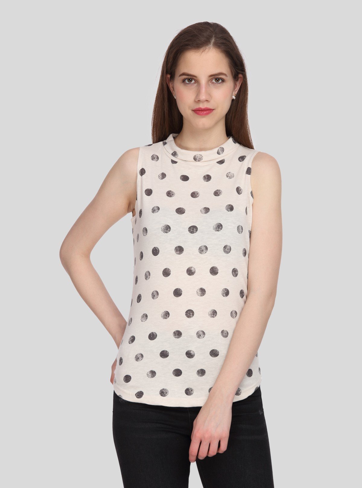 Women’s Ecru Polka Dot Sleeveless Fleece Turtle Neck Pullover - Boer and Fitch