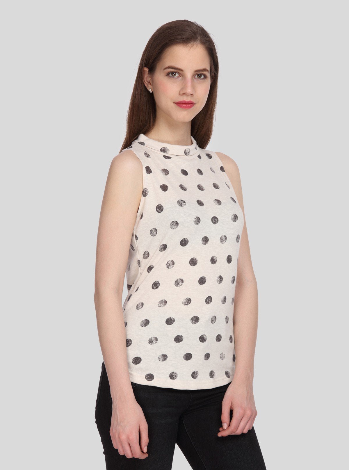 Women’s Ecru Polka Dot Sleeveless Fleece Turtle Neck Pullover - Boer and Fitch