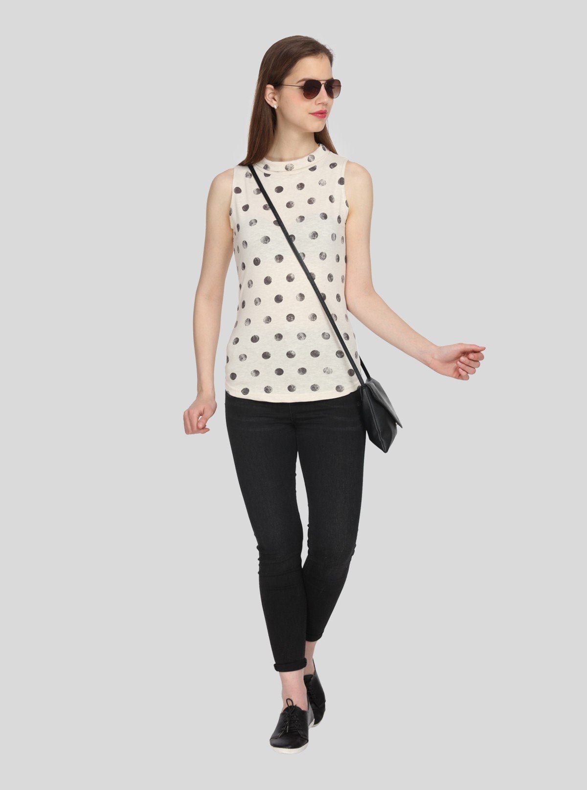 Women’s Ecru Polka Dot Sleeveless Fleece Turtle Neck Pullover - Boer and Fitch