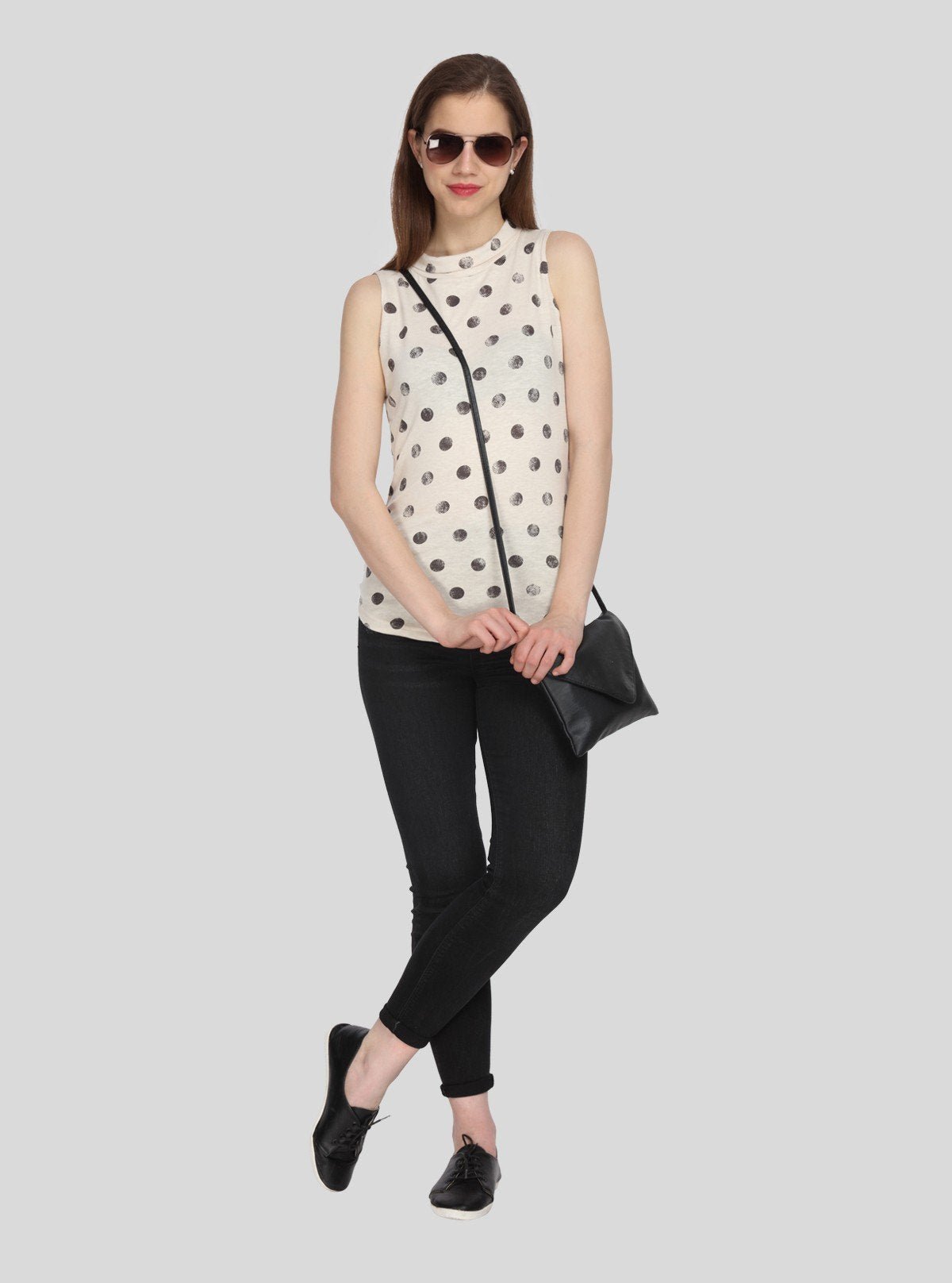 Women’s Ecru Polka Dot Sleeveless Fleece Turtle Neck Pullover - Boer and Fitch