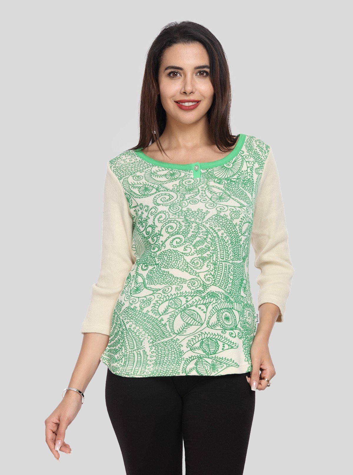 Women’s Ecru Printed Cotton Ribbed Boat Neck Sweat Top - Boer and Fitch