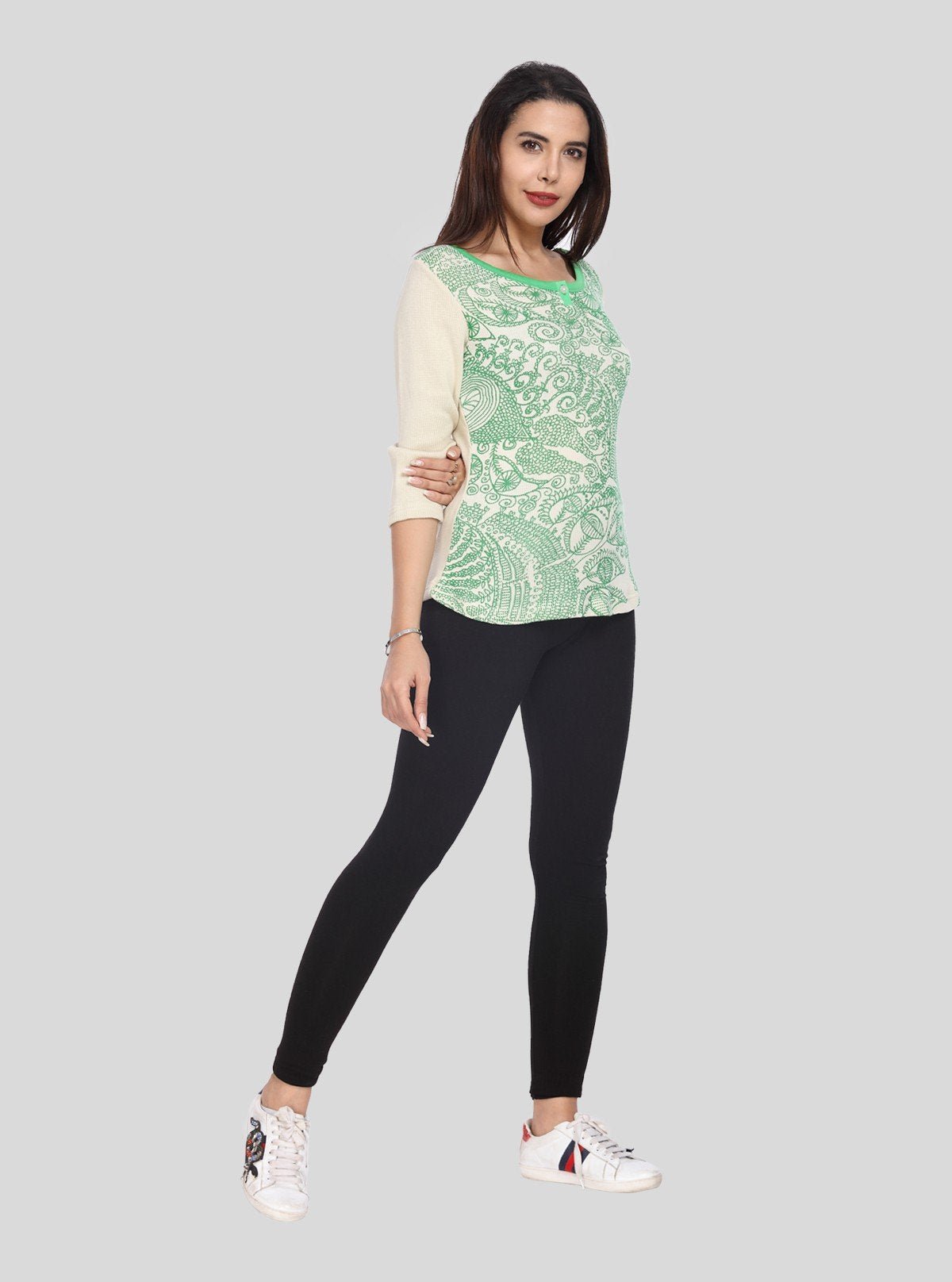 Women’s Ecru Printed Cotton Ribbed Boat Neck Sweat Top - Boer and Fitch