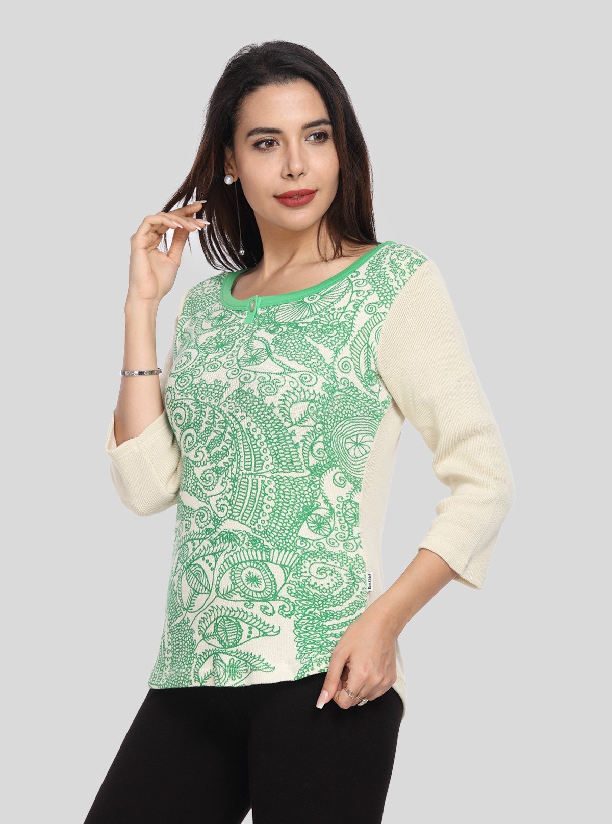 Women’s Ecru Printed Cotton Ribbed Boat Neck Sweat Top - Boer and Fitch