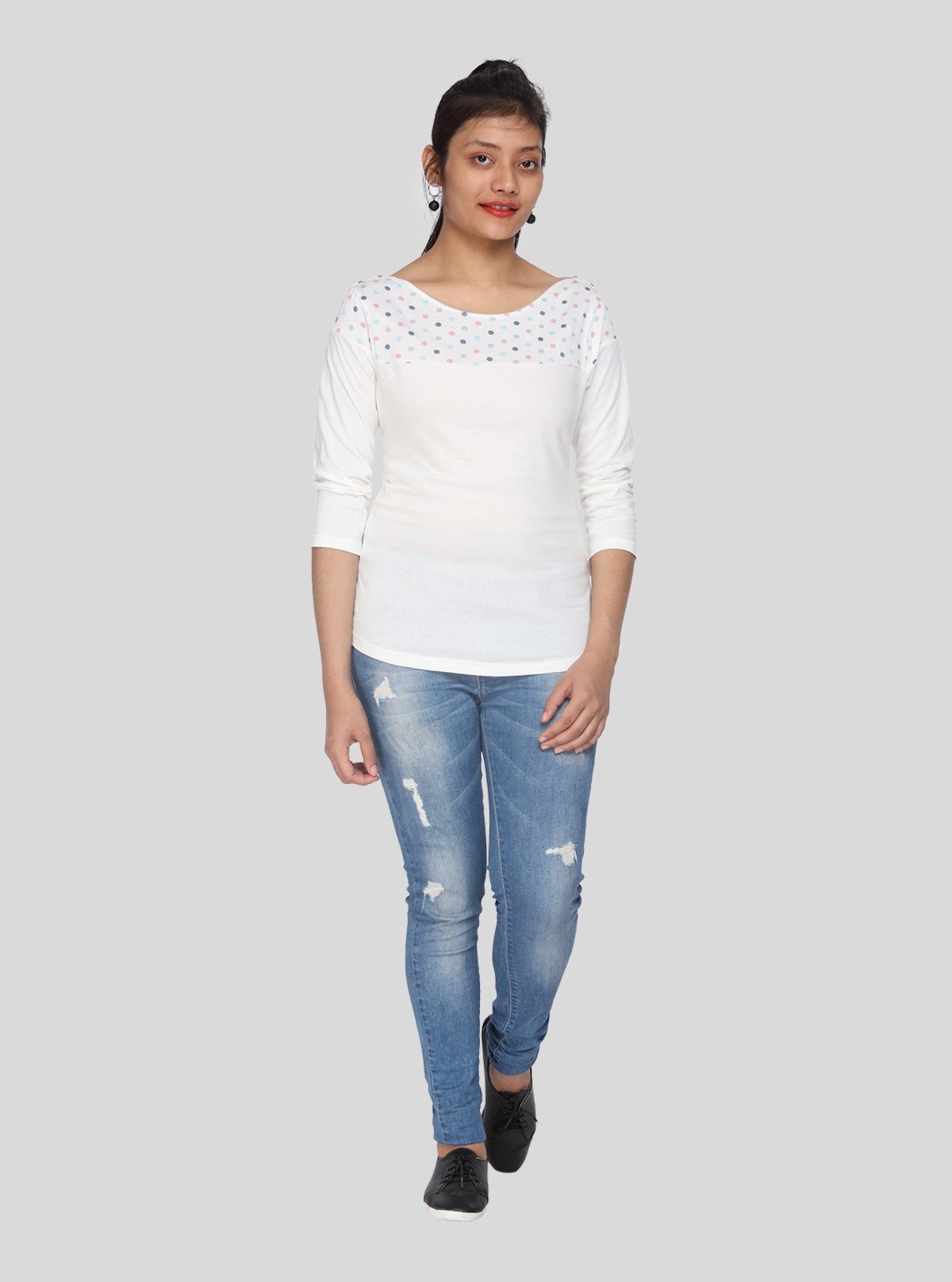 Women's Ecru Scoop Neck Polka Dot Panel Top – Cotton Jersey Knit - Boer and Fitch