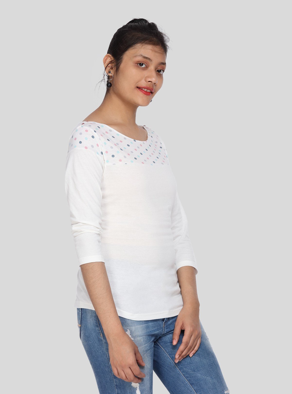 Women's Ecru Scoop Neck Polka Dot Panel Top – Cotton Jersey Knit - Boer and Fitch