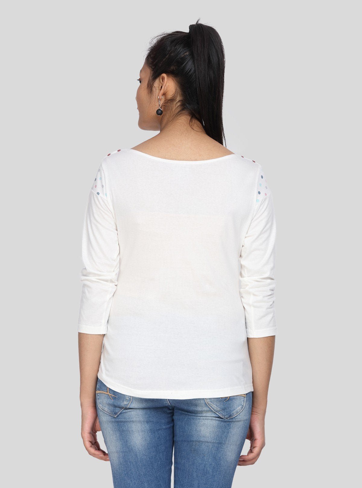 Women's Ecru Scoop Neck Polka Dot Panel Top – Cotton Jersey Knit - Boer and Fitch