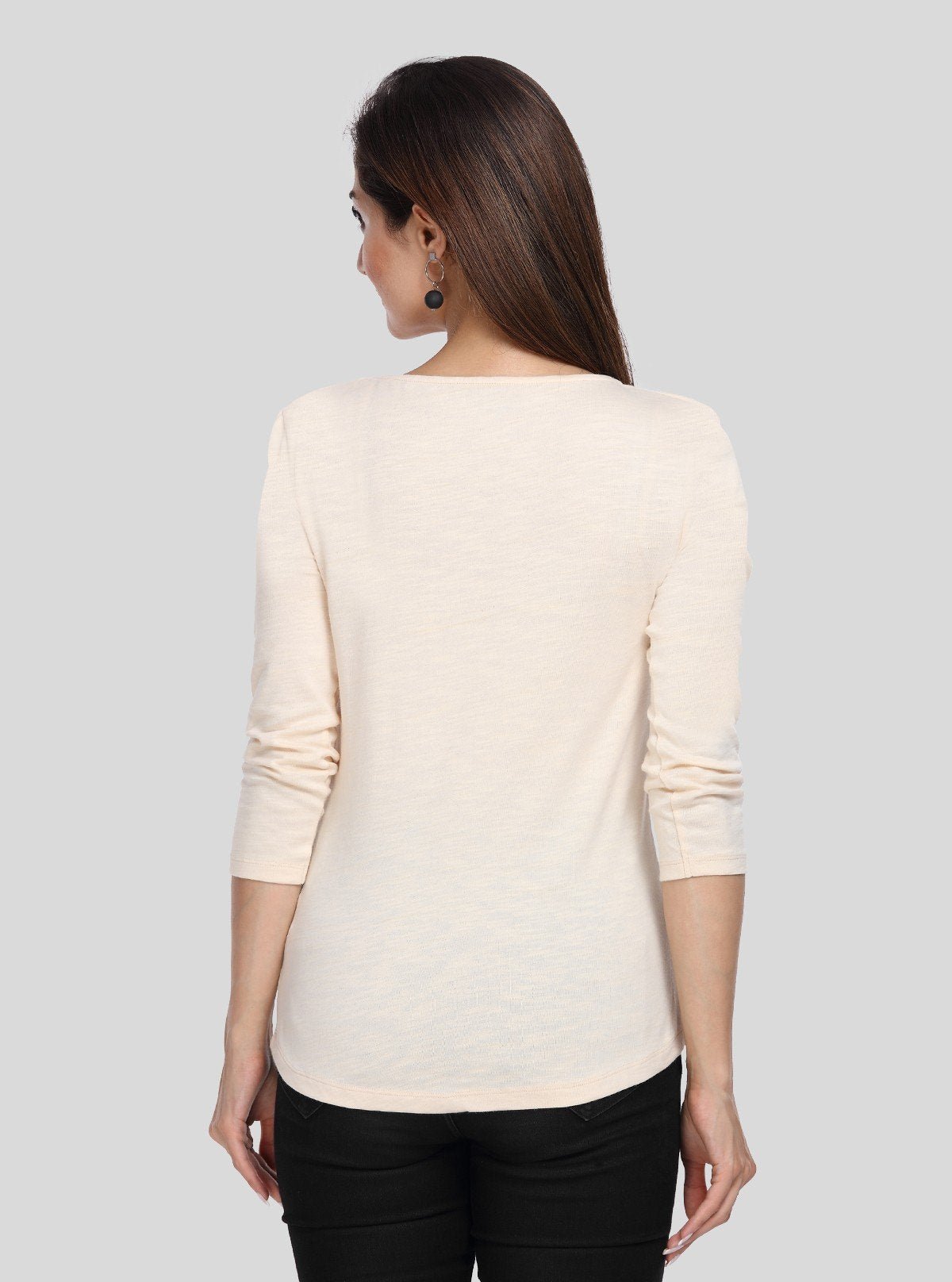 Women’s Ecru Solid Round Neck Cotton Jersey Top with 3/4th Sleeves | Boer & Fitch - Boer and Fitch