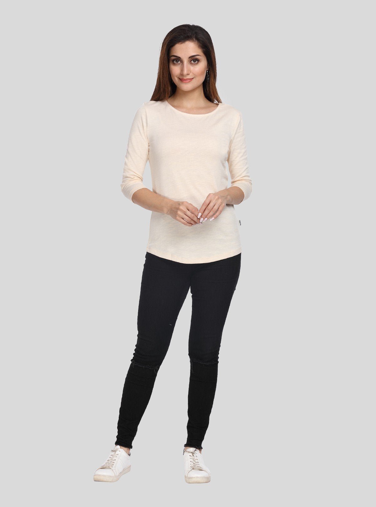 Women’s Ecru Solid Round Neck Cotton Jersey Top with 3/4th Sleeves | Boer & Fitch - Boer and Fitch