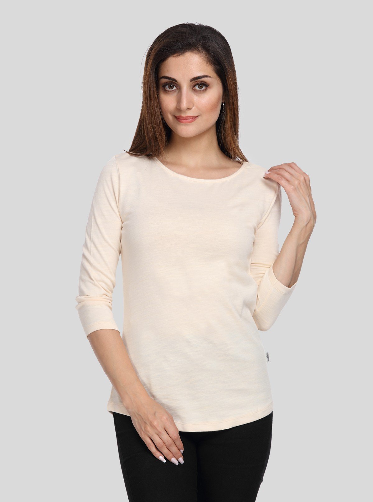 Women’s Ecru Solid Round Neck Cotton Jersey Top with 3/4th Sleeves | Boer & Fitch - Boer and Fitch