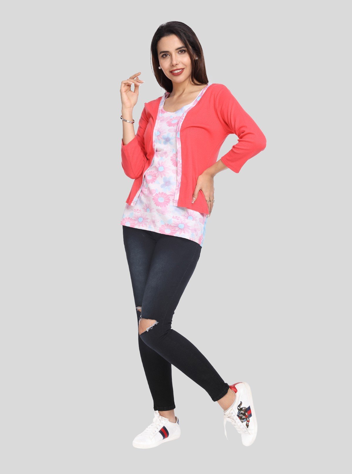 Women's Fuchsia Cotton Shrug with All Over Printed Inner Top - Boer and Fitch