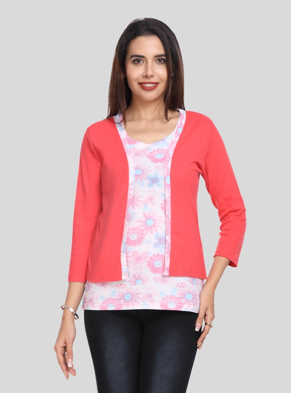 Women's Fuchsia Cotton Shrug with All Over Printed Inner Top - Boer and Fitch