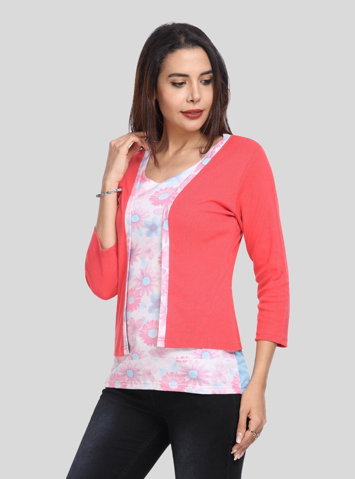 Women's Fuchsia Cotton Shrug with All Over Printed Inner Top - Boer and Fitch