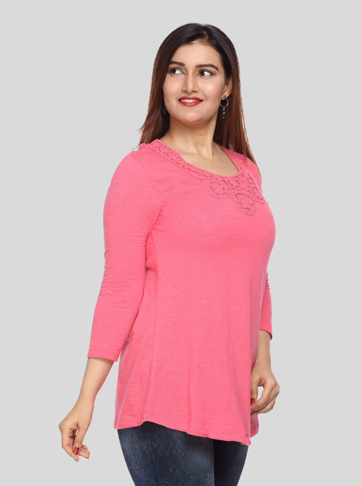 Women's Fuchsia Neck Lace Long Sleeve Cotton Jersey Top | Boer & Fitch - Boer and Fitch