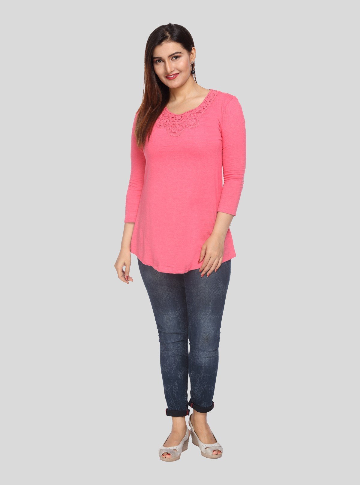 Women's Fuchsia Neck Lace Long Sleeve Cotton Jersey Top | Boer & Fitch - Boer and Fitch