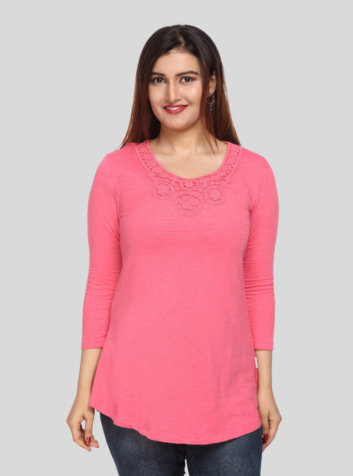 Women's Fuchsia Neck Lace Long Sleeve Cotton Jersey Top | Boer & Fitch - Boer and Fitch