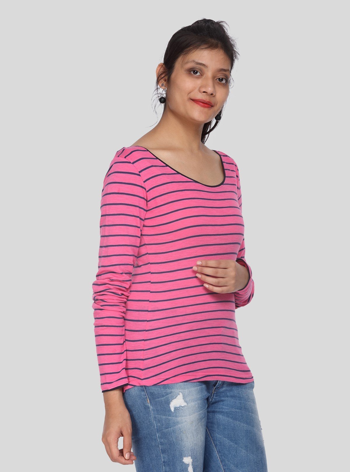 Women’s Fuchsia Striped Printed Long Sleeve Cotton Knit Top | Boer & Fitch - Boer and Fitch