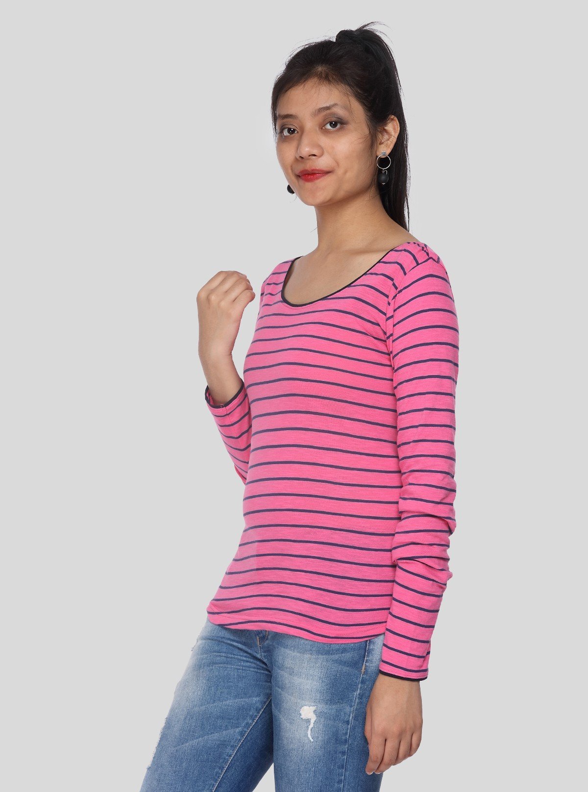 Women’s Fuchsia Striped Printed Long Sleeve Cotton Knit Top | Boer & Fitch - Boer and Fitch