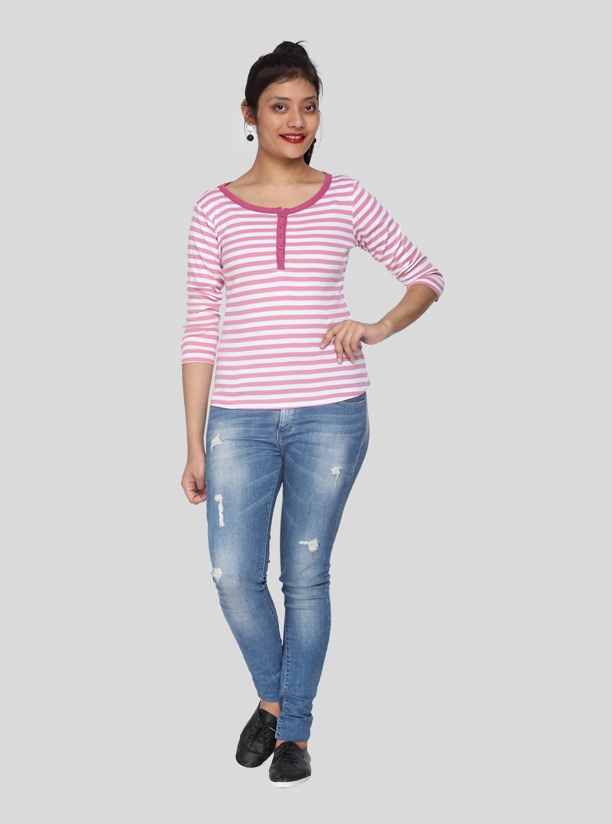 Women's Fuchsia Striped Scoop Neck Top with Front Button | Boer & Fitch - Boer and Fitch