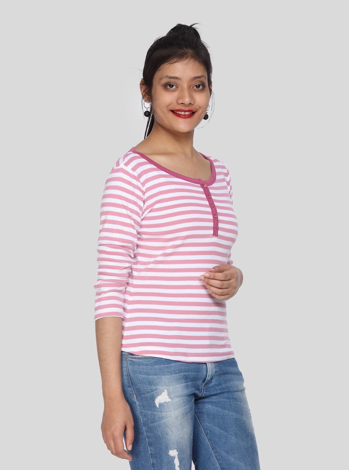 Women's Fuchsia Striped Scoop Neck Top with Front Button | Boer & Fitch - Boer and Fitch