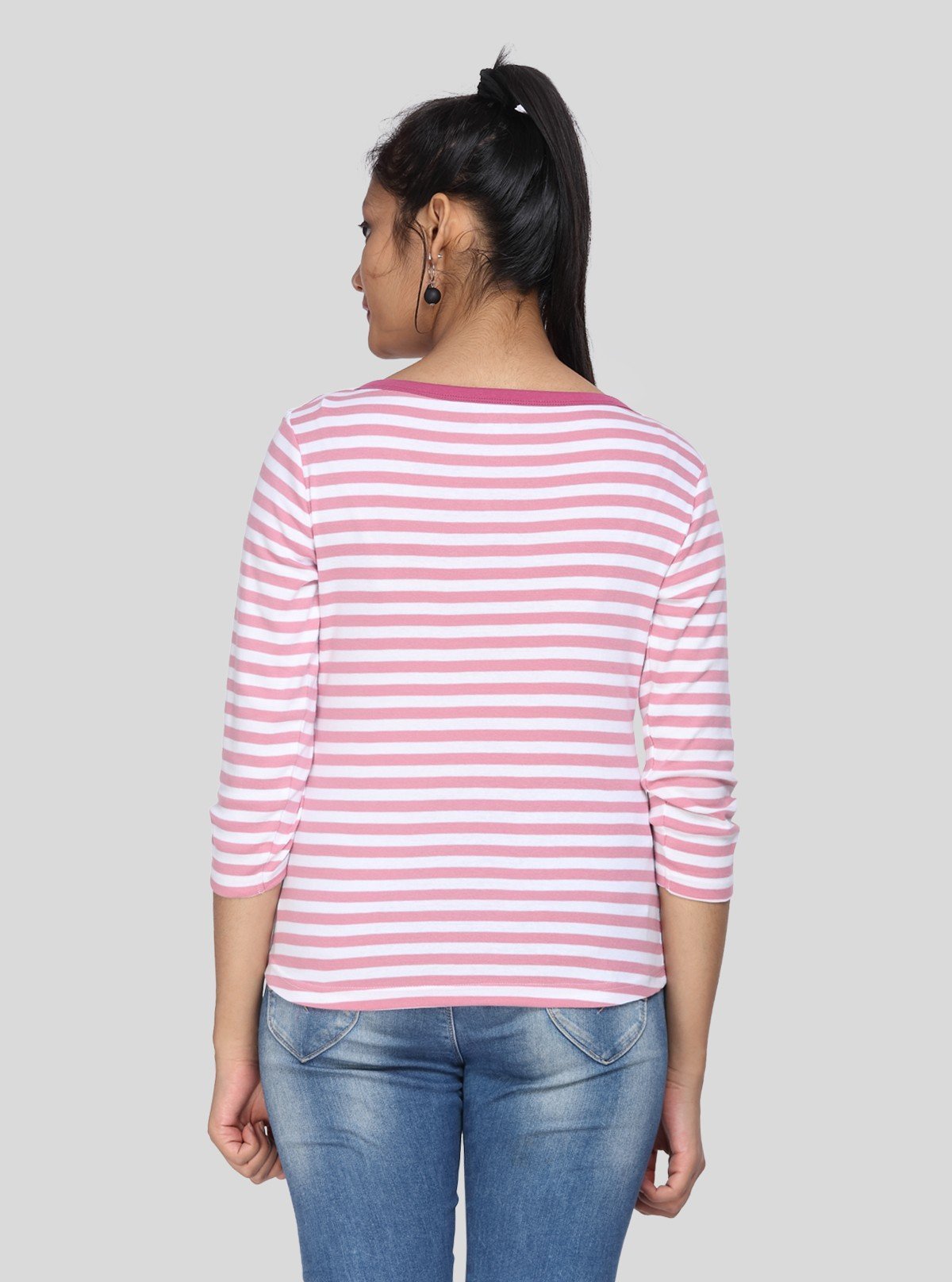Women's Fuchsia Striped Scoop Neck Top with Front Button | Boer & Fitch - Boer and Fitch
