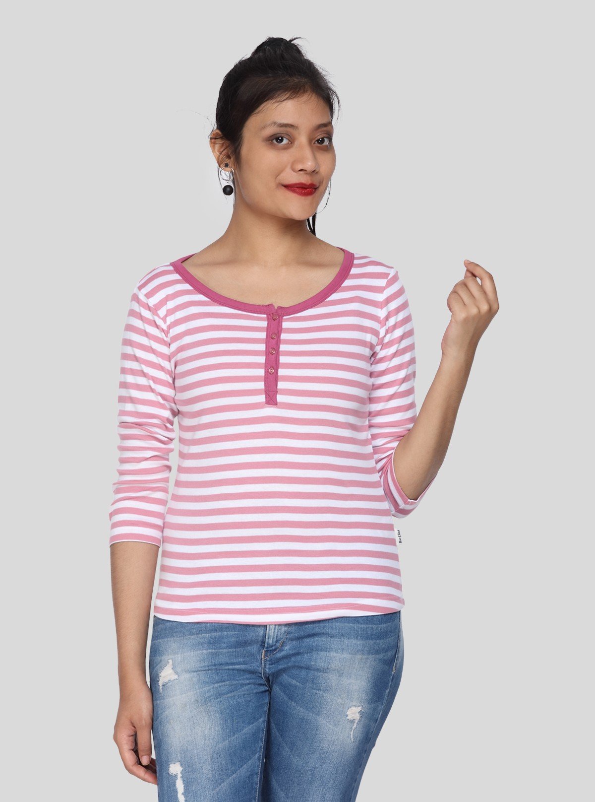 Women's Fuchsia Striped Scoop Neck Top with Front Button | Boer & Fitch - Boer and Fitch