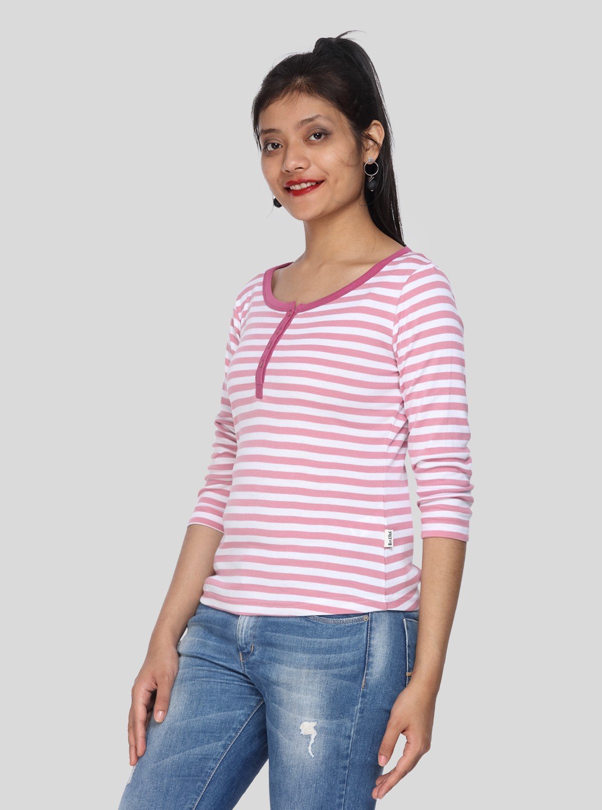 Women's Fuchsia Striped Scoop Neck Top with Front Button | Boer & Fitch - Boer and Fitch