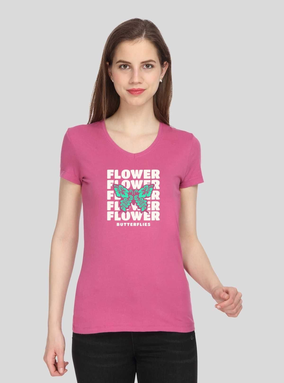 Women’s Fuchsia V - Neck Butterfly Print Short Sleeve Cotton Jersey T-Shirt by Boer and Fitch - Boer and Fitch