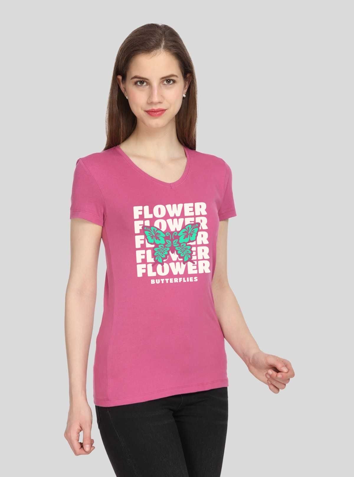 Women’s Fuchsia V - Neck Butterfly Print Short Sleeve Cotton Jersey T-Shirt by Boer and Fitch - Boer and Fitch