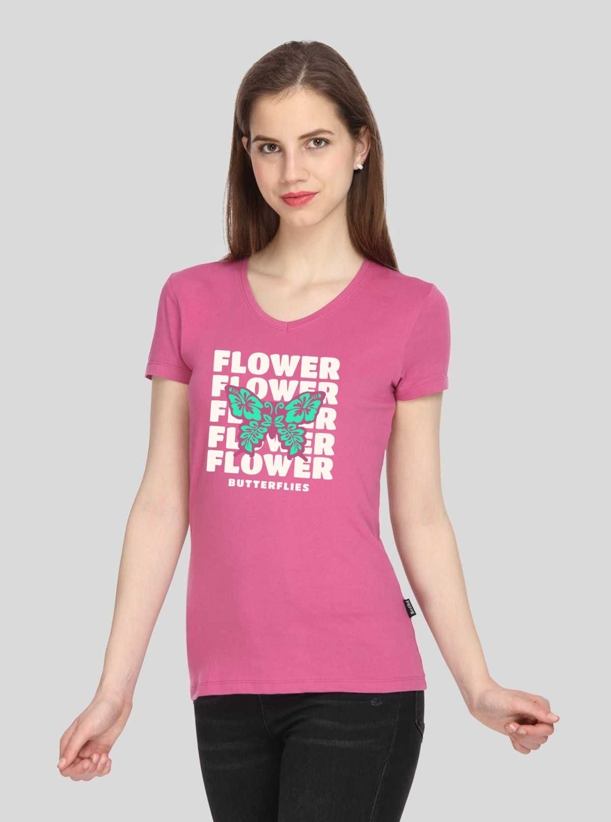 Women’s Fuchsia V - Neck Butterfly Print Short Sleeve Cotton Jersey T-Shirt by Boer and Fitch - Boer and Fitch