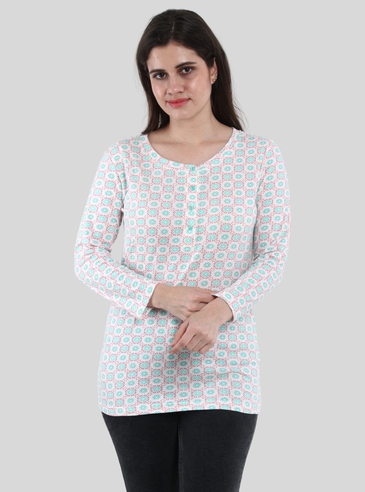 Women’s Graphic Floral Print Button Front Long Sleeve Top – Cotton Jersey Knit - Boer and Fitch