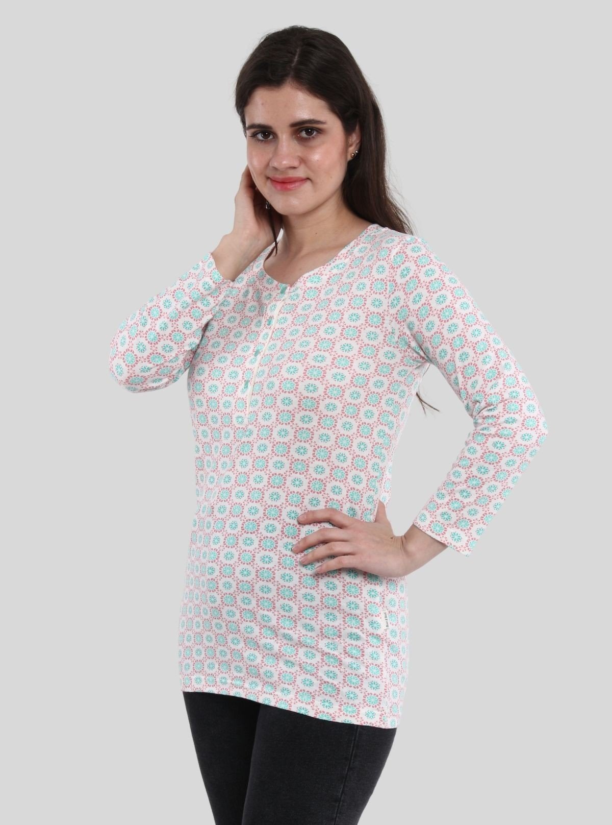 Women’s Graphic Floral Print Button Front Long Sleeve Top – Cotton Jersey Knit - Boer and Fitch
