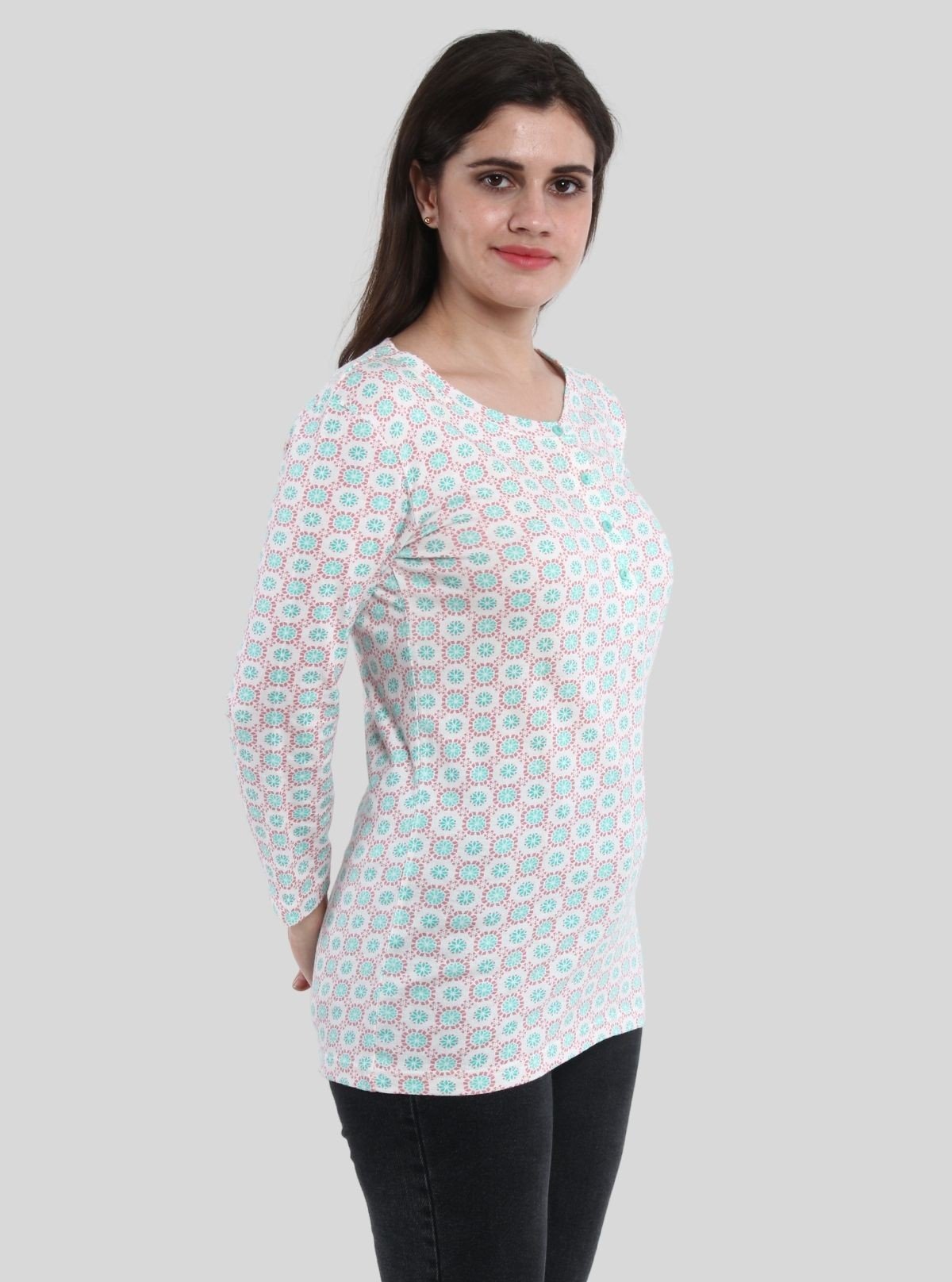 Women’s Graphic Floral Print Button Front Long Sleeve Top – Cotton Jersey Knit - Boer and Fitch