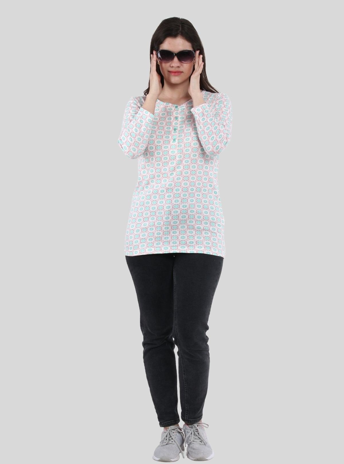 Women’s Graphic Floral Print Button Front Long Sleeve Top – Cotton Jersey Knit - Boer and Fitch