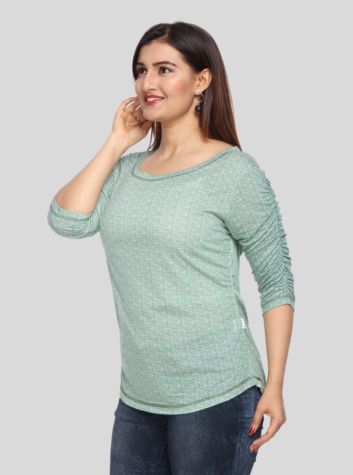 Women's Green All - Over Printed Pleated Sleeve Cotton Jersey Top | Boer & Fitch - Boer and Fitch