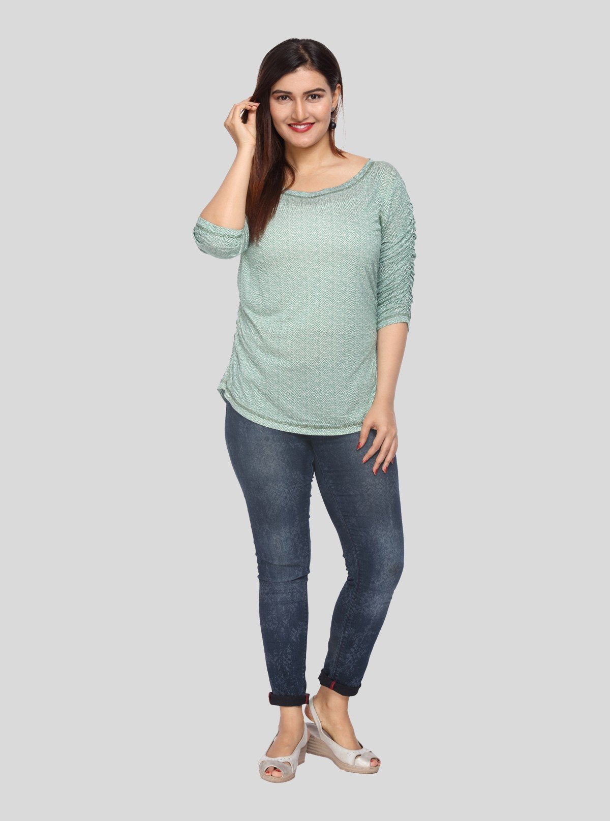 Women's Green All - Over Printed Pleated Sleeve Cotton Jersey Top | Boer & Fitch - Boer and Fitch