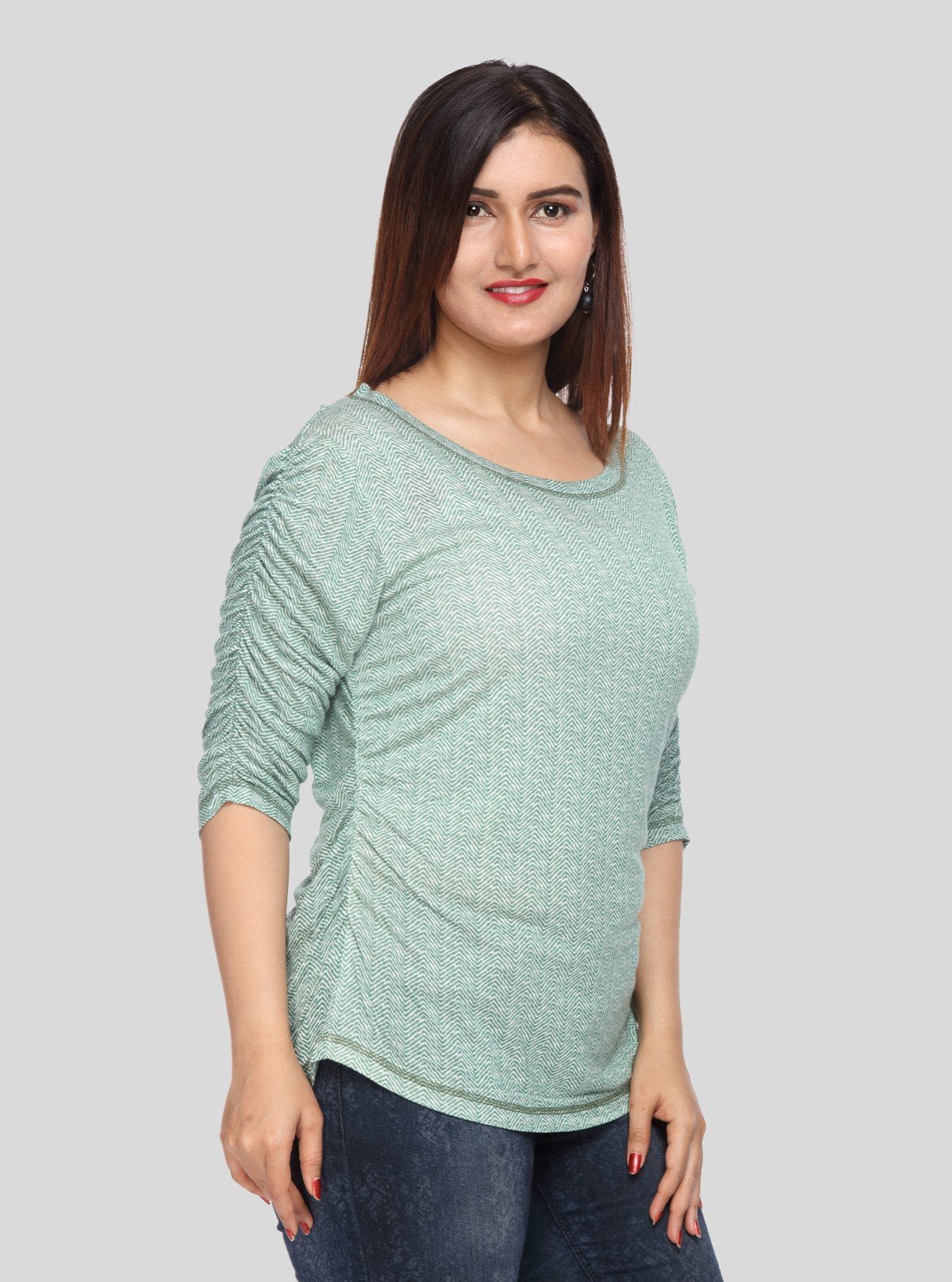 Women's Green All - Over Printed Pleated Sleeve Cotton Jersey Top | Boer & Fitch - Boer and Fitch