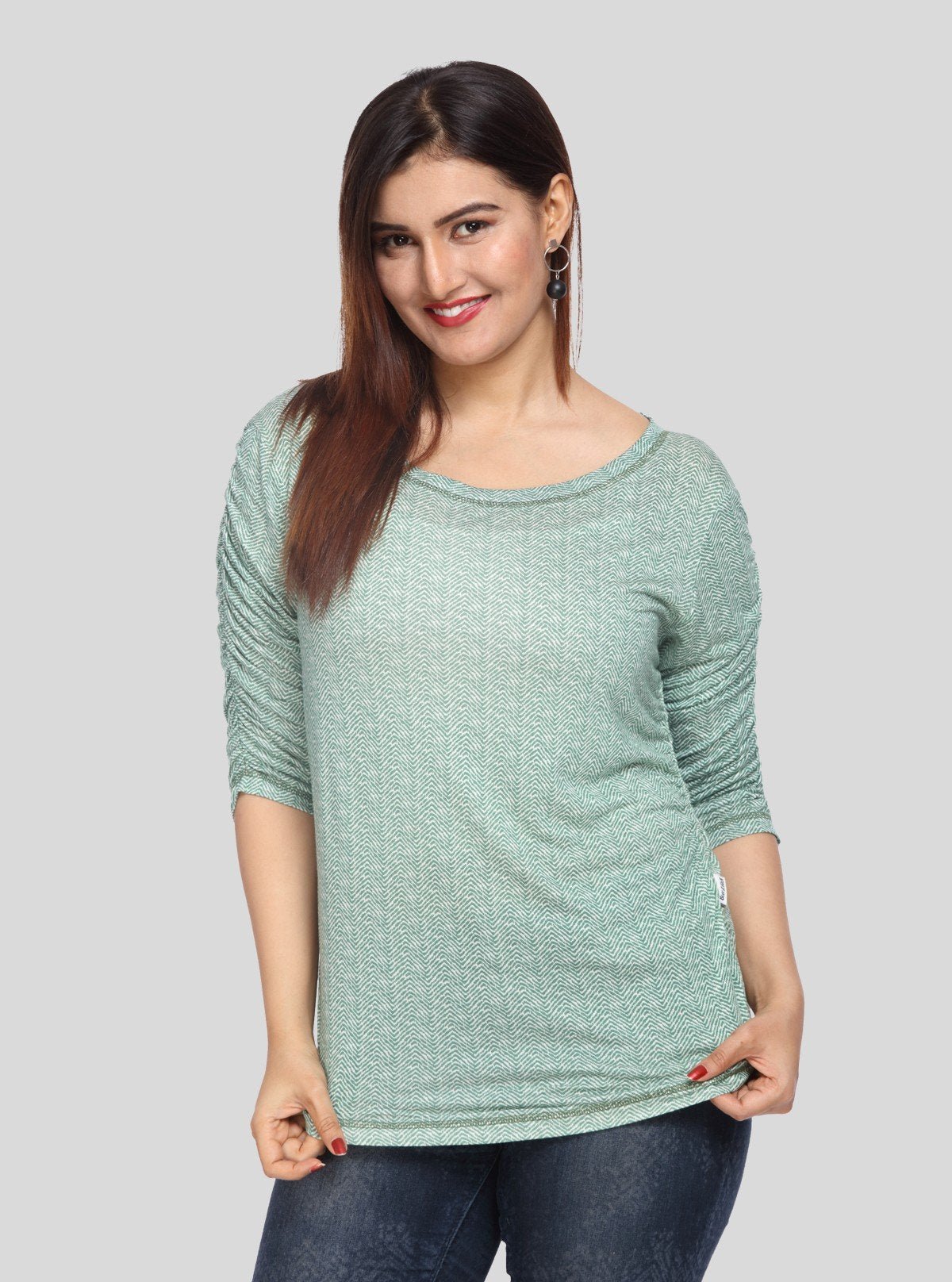 Women's Green All - Over Printed Pleated Sleeve Cotton Jersey Top | Boer & Fitch - Boer and Fitch