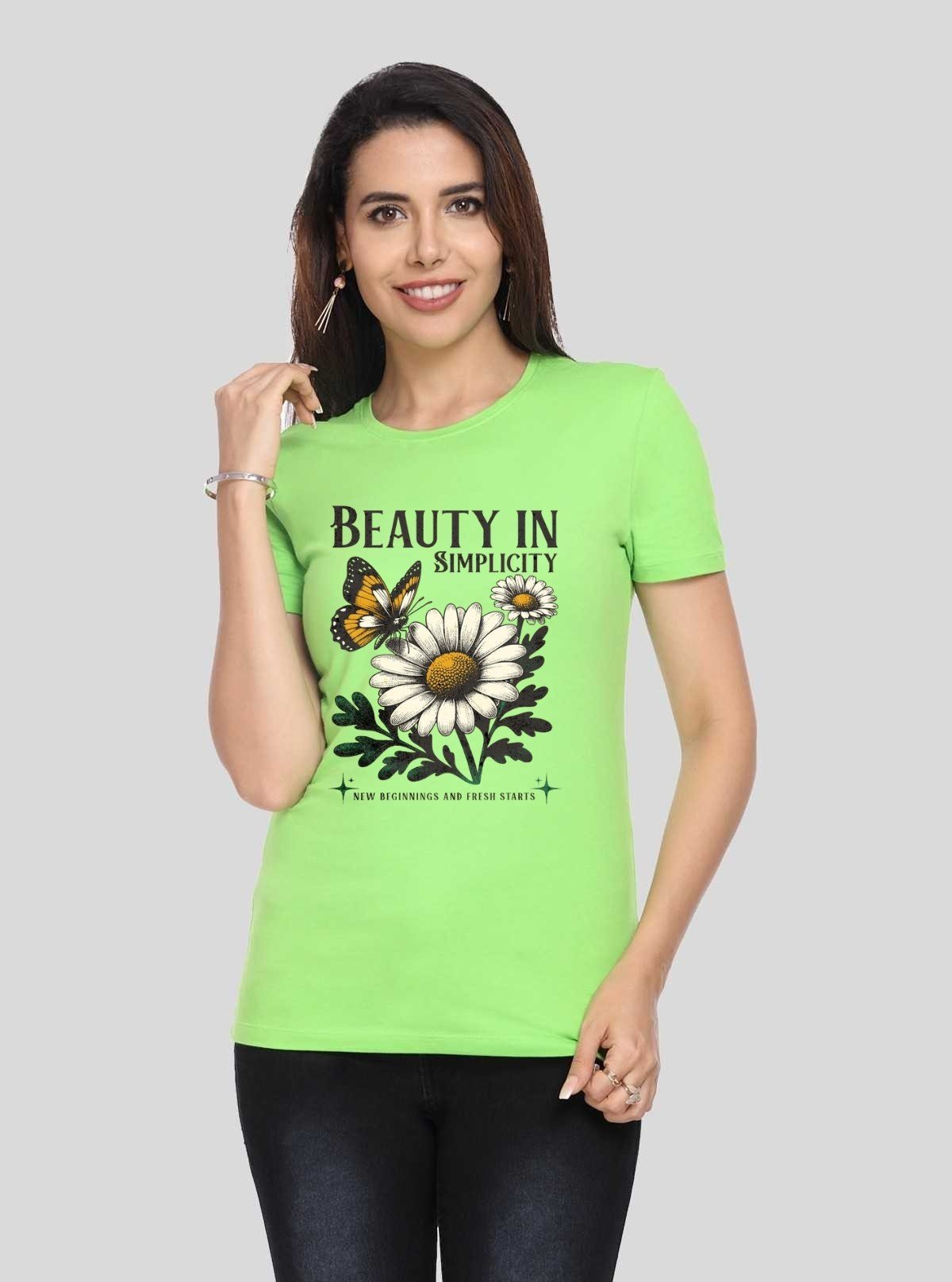 Women's Green Crew Neck Beauty Print Cotton Jersey Short Sleeve T-Shirt by Boer and Fitch - Boer and Fitch