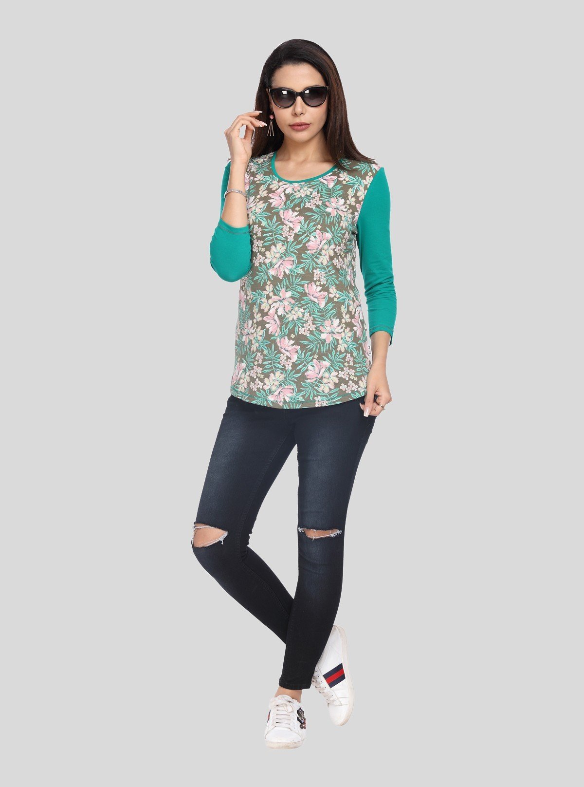 Women's Green Floral Print Contrast Top – Bold Style Meets Elegant Detail - Boer and Fitch