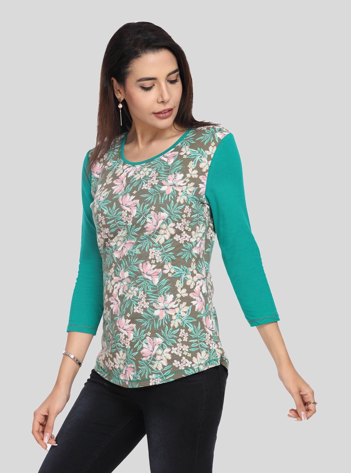 Women's Green Floral Print Contrast Top – Bold Style Meets Elegant Detail - Boer and Fitch
