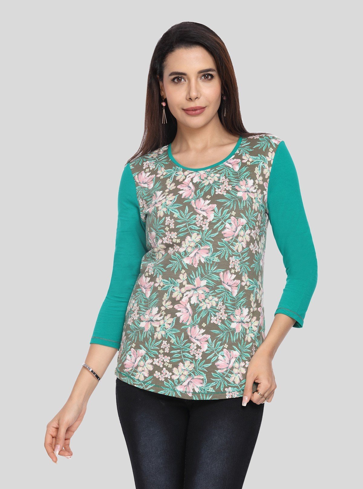 Women's Green Floral Print Contrast Top – Bold Style Meets Elegant Detail - Boer and Fitch