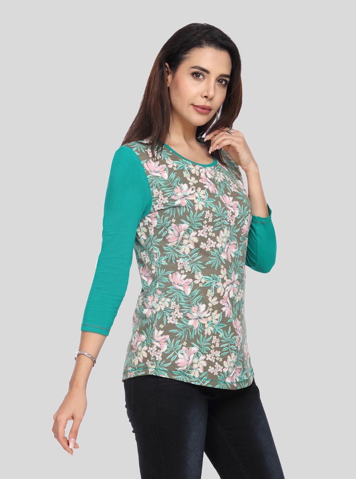 Women's Green Floral Print Contrast Top – Bold Style Meets Elegant Detail - Boer and Fitch
