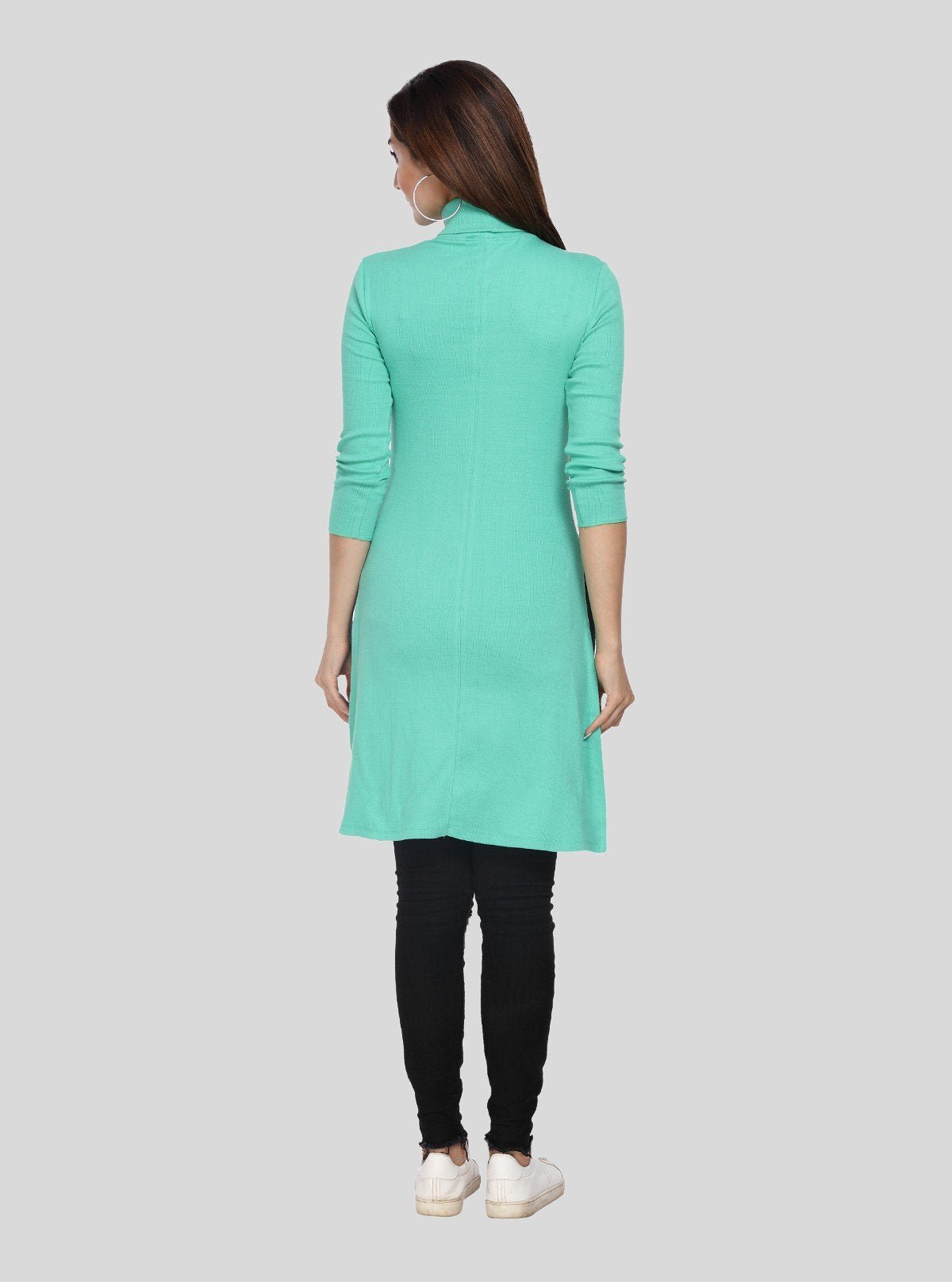 Women's Green High Neck Ribbed Long Sleeve Cotton Stretch Dress - Boer and Fitch