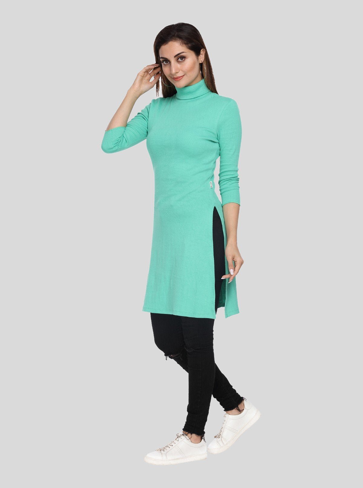 Women's Green High Neck Ribbed Long Sleeve Cotton Stretch Dress - Boer and Fitch
