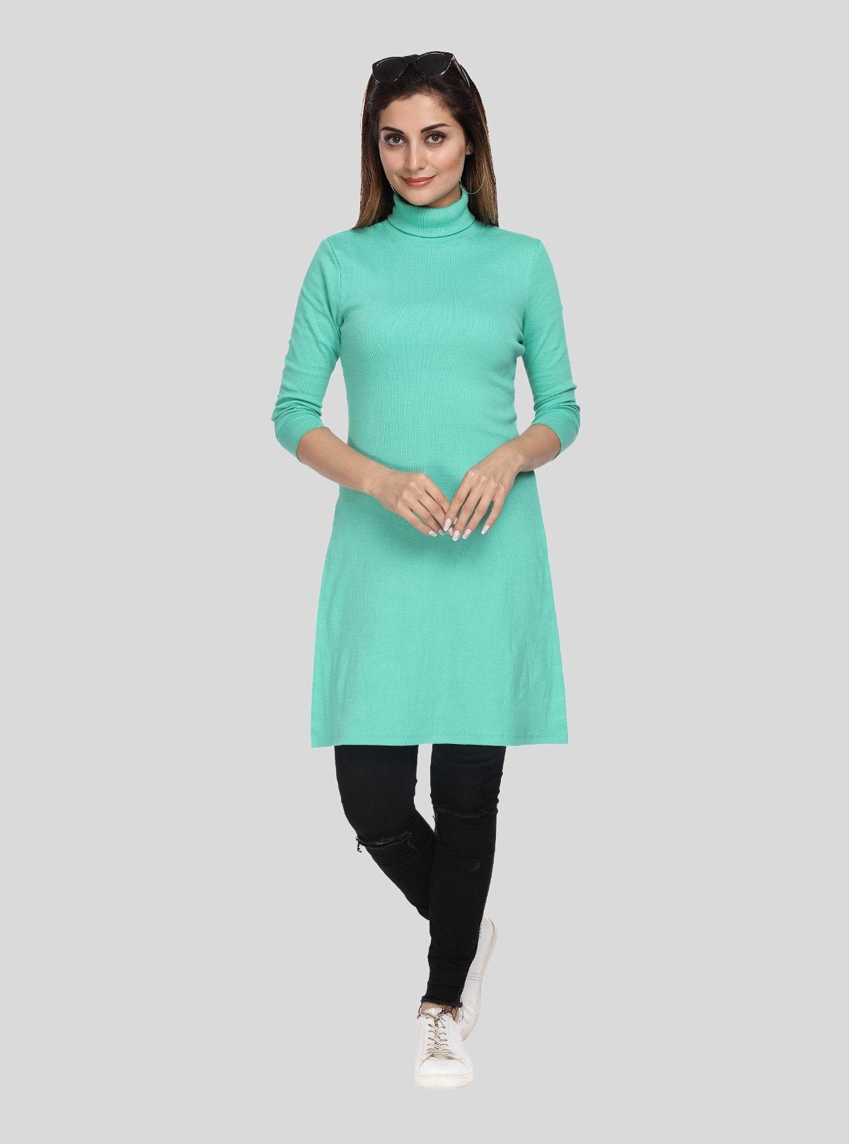 Women's Green High Neck Ribbed Long Sleeve Cotton Stretch Dress - Boer and Fitch